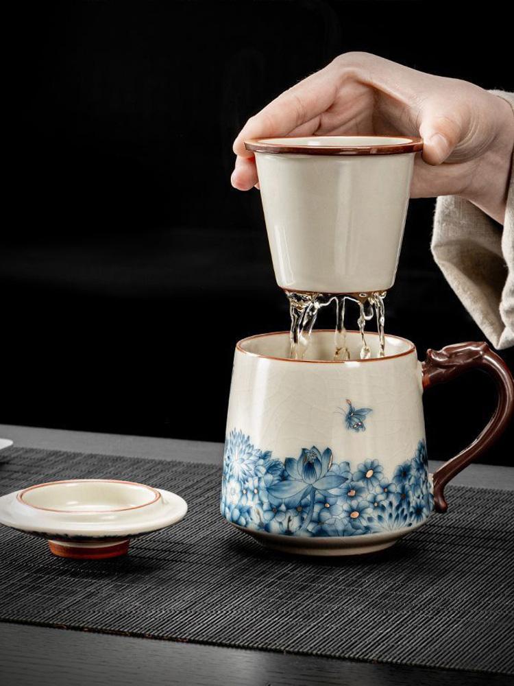 350ml Exquisite Blue & White Porcelain Tea Infuser Mug with Lid and Filter, Ceramic Water Separation Cup for Home Office Gifte