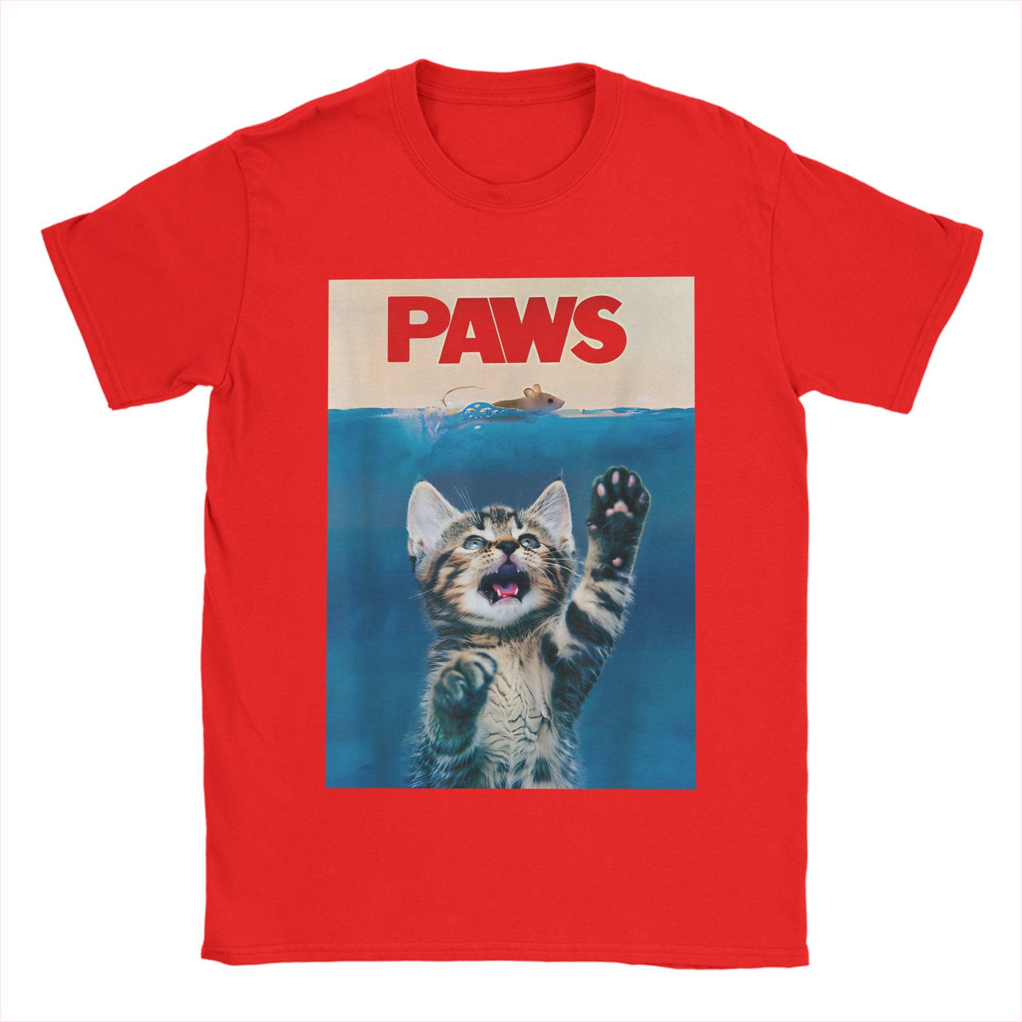 PAWS Funny Cat parody cat Lover Gift Kitten Shark Mouse meow 100 Cotton T Shirts  Novelty Tee Shirt for Man Casual Top Tees S