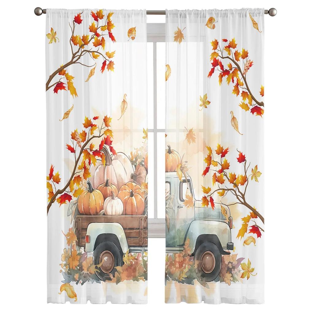 Thanksgiving Pumpkin Flower Truck Bedroom Transparent Sheer Curtains Holiday Decoration Window Voile Tulle Curtain