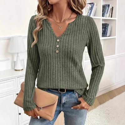 Women's Casual Knitted Casual Pit Stripe Autumn V-neck Button Long Sleeved Top for Women Top