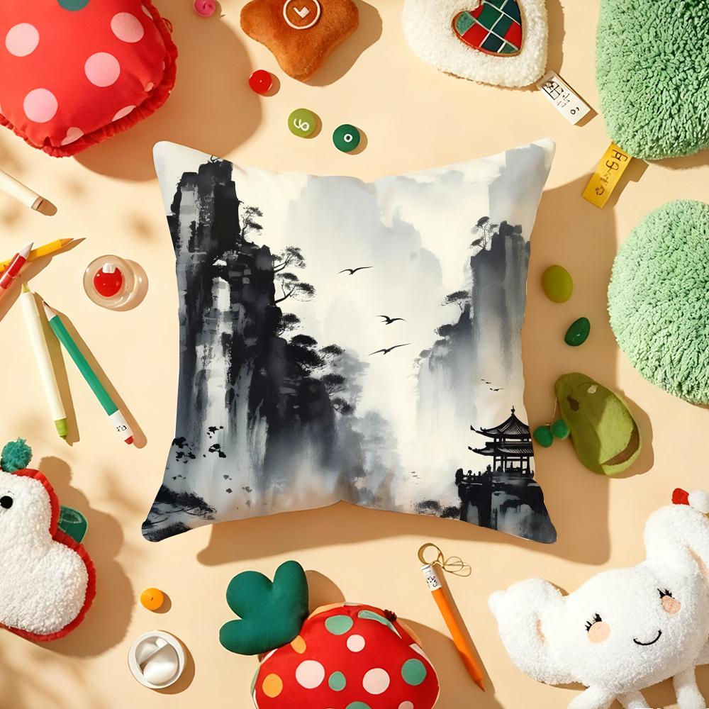 Chinese Ink Painting Style Cushion Cover Soft Short Plush DoubleSided Printing Home Decor Machine Washable Pillow Case Gift