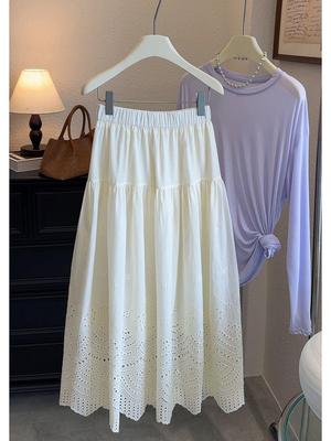 2026 Spring French Style Elastic Waist Lace A-line Skirt for Women