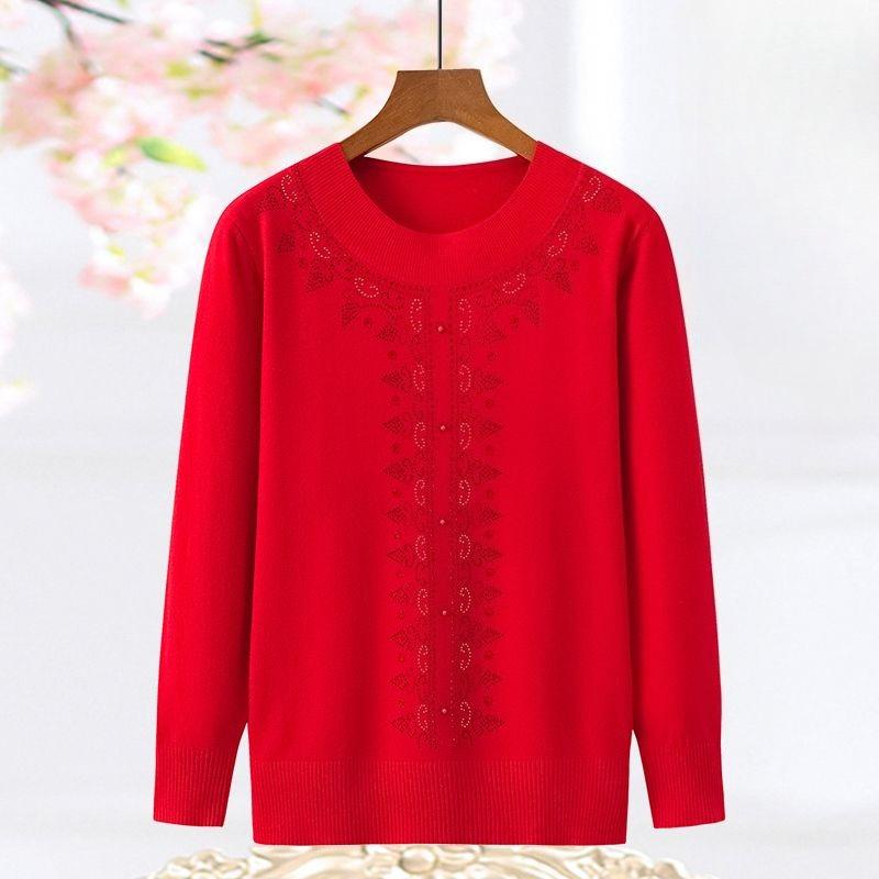 Spring and Autumn Thin Women's Round Neck Sweater Rhinestone Loose Knit Pullover Sweater Plus Size Knitwear