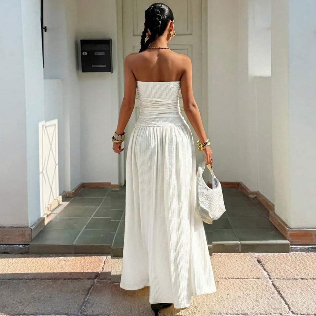 Women Sleeveless Strapless Tube Dress Casual Slim Fit Elegant Long Maxi Dress with Pleated Skirt for Summer