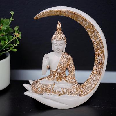 Büyük Meditasyon Yapan Ay Buda Heykeli Gösteri Parçası (Beyaz)