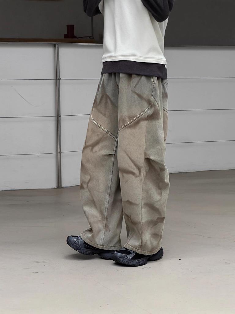 Retro Yellow Mud-Dye Fleece Lined Wide Leg Distressed Jeans for Girls