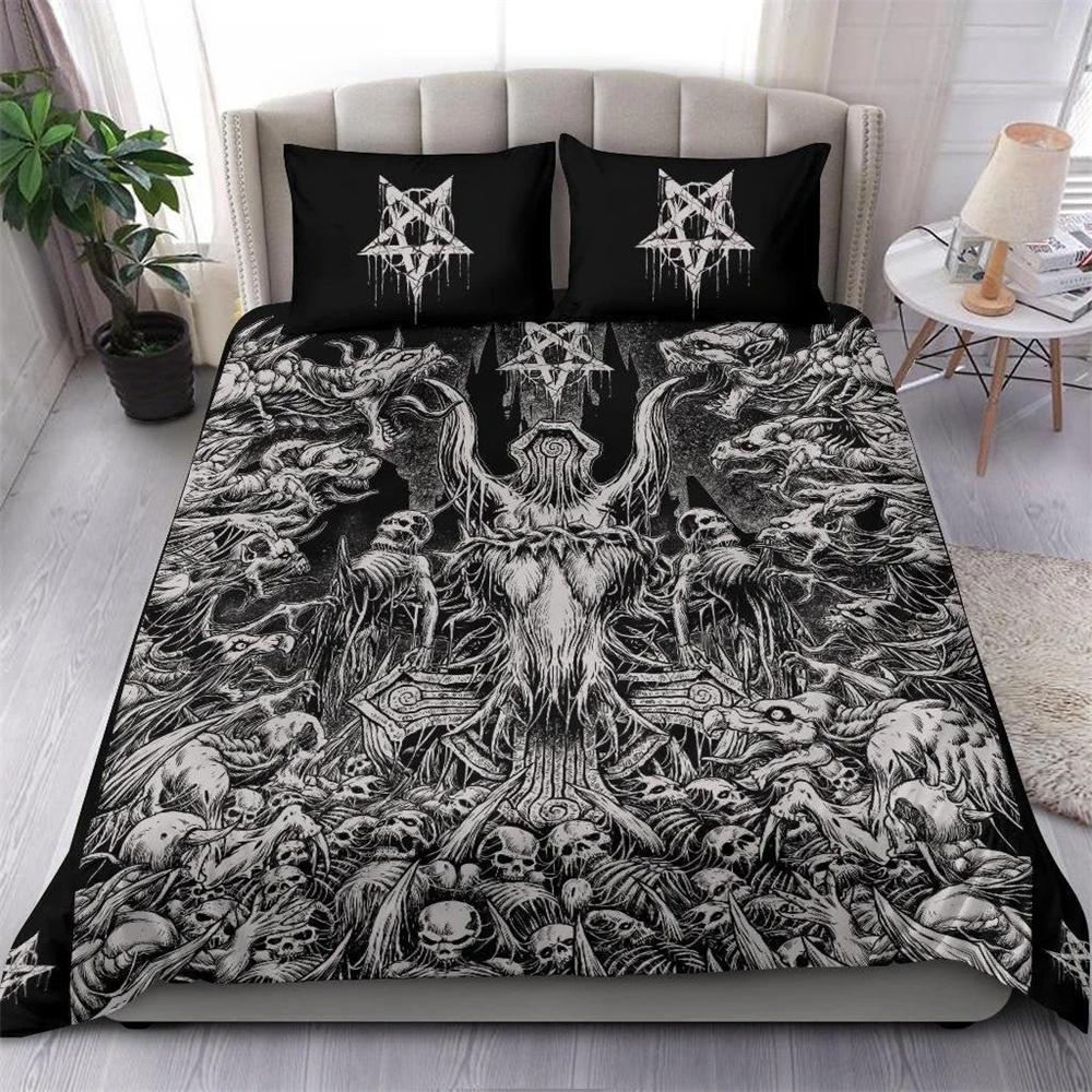 Skull Skeleton Satanic Goat Skull Duvet Cover Set Trophy Demon Breed Bedding Sets Night Blue Pink Satanic Baphomet Quilt Cover