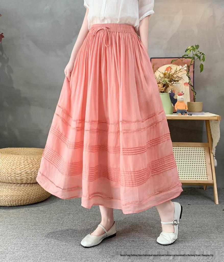 2026 Spring/Summer Women's Romantic Pleated Ramie Skirt with Elastic Waist - Artistic Retro Style