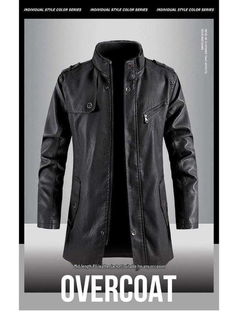 Męska Modna Skórzana Kurtka Wiatroszczelna Długiego Fasonu ze Stójką