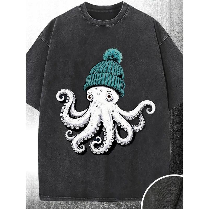 

European sizes Men Vintage Washed T-Shirt with Quirky Octopus Beanie Graphic - Soft Breathable Short Sleeve Round Neck Tee Suitable for Casual wear S чёрный