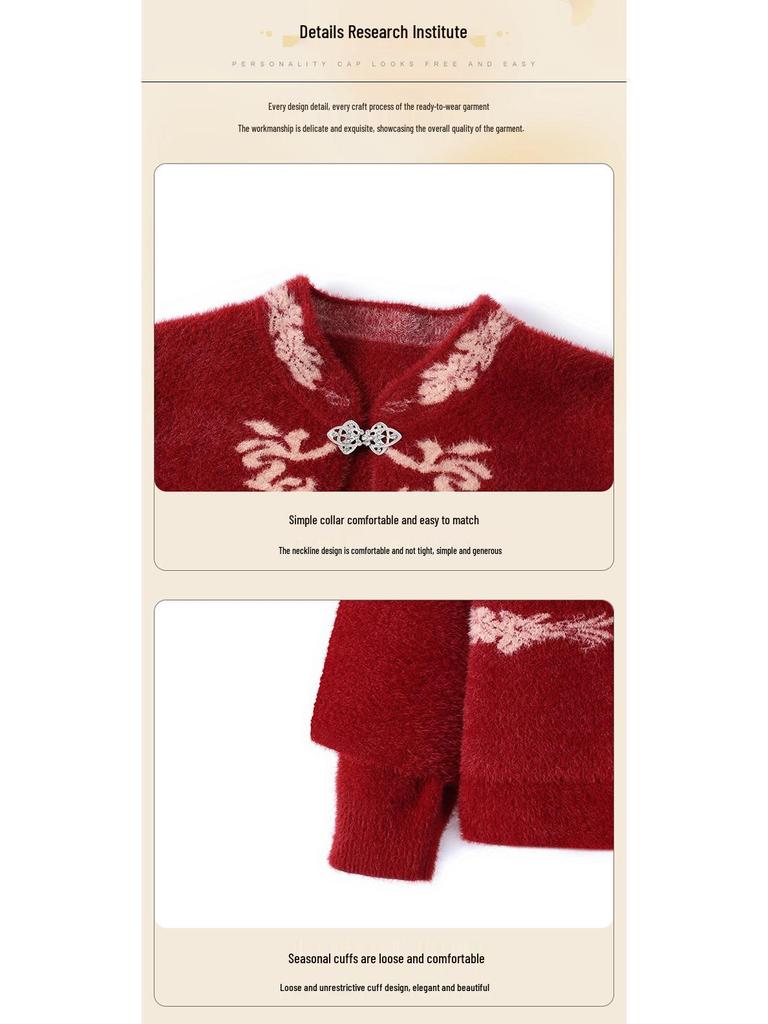 Women's Velvet Thick Coat with Half-high Collar, Winter Knit Two-piece Set for Middle-aged and Elderly Mothers