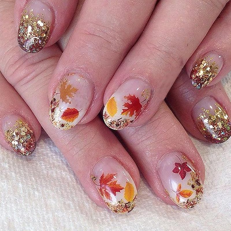 Fall Leaf Press On Nails Thanksgiving Fake Nails with Rhinestones Design Long Almond Autumn Acrylic Nail Glossy Maple Leaves Glue On Nail for Women