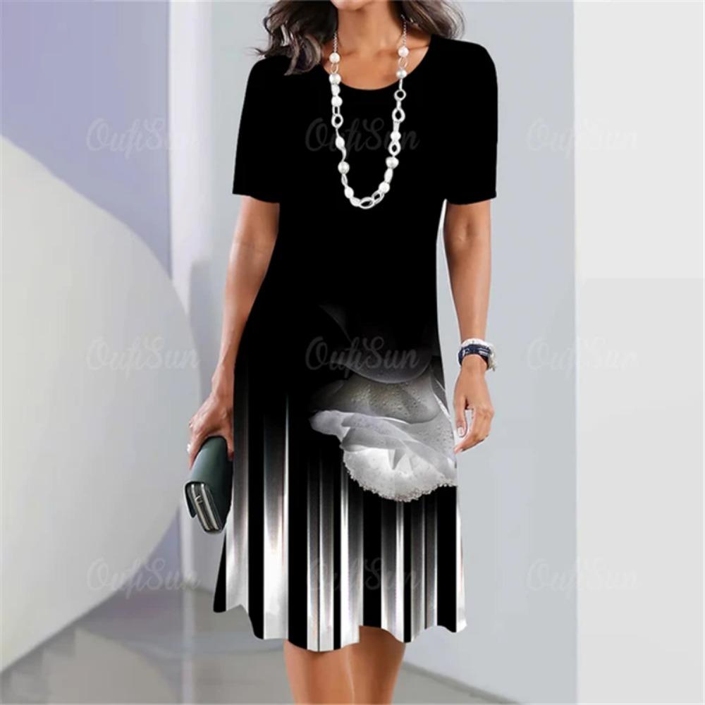 Plus Size Women Dress Summer 3D Patchwork Print Short Sleeve Dress Elegant Loose Casual A-Line Dress Ladies Large Size Sundress