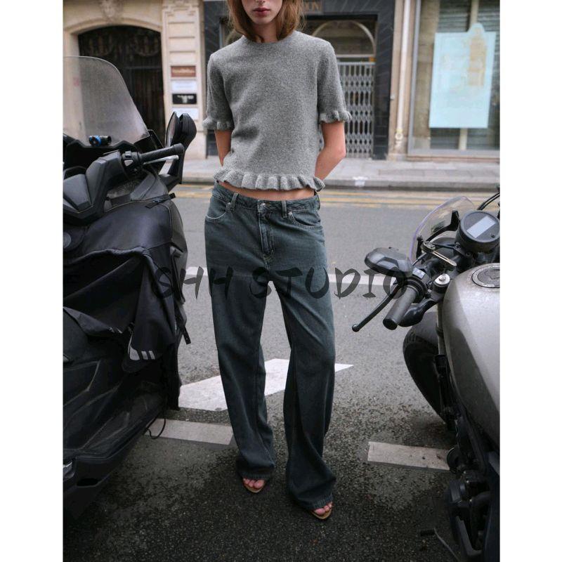 Autumn New Women's Clothing Idle Style round Neck Silm Short Sleeve Laminated Decoration Knitwear 2756130