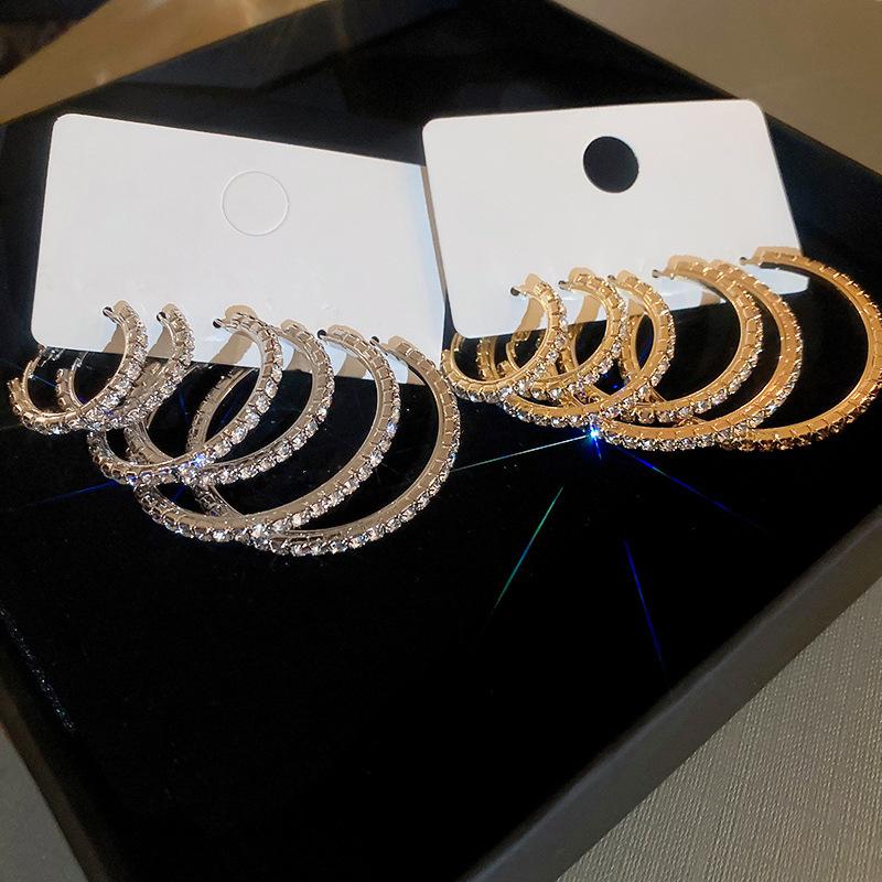 3Pairs Shiny Rhinestone Hoop Earrings Luxury Big Circle Zinc Alloy Exaggerated Personality Earrings Jewelry Female Accessories