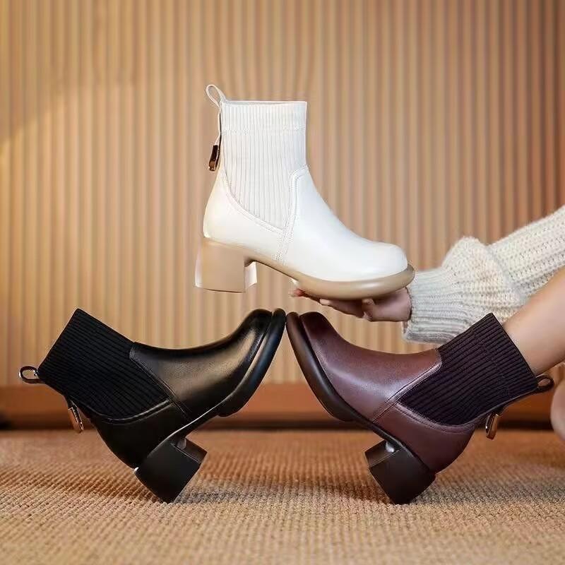 Soft Leather Martin Boots Women's 2025 Autumn and Winter New Fashion Versatile One-pedal Elastic Socks Sub-tube Short Boots