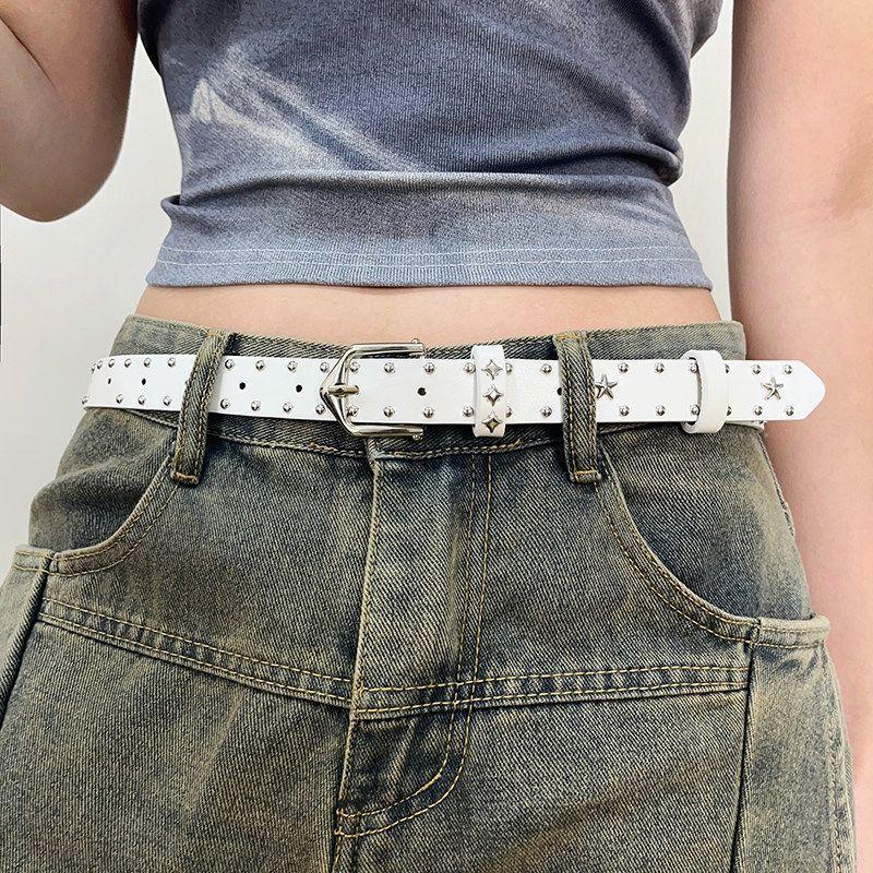 Women'S Y2K Star Rivet Pu Leather Belt Punk Gothic Adjustable Pin Buckle Waistband Trendy Streetwear Decor Belt For Jeans Skirt
