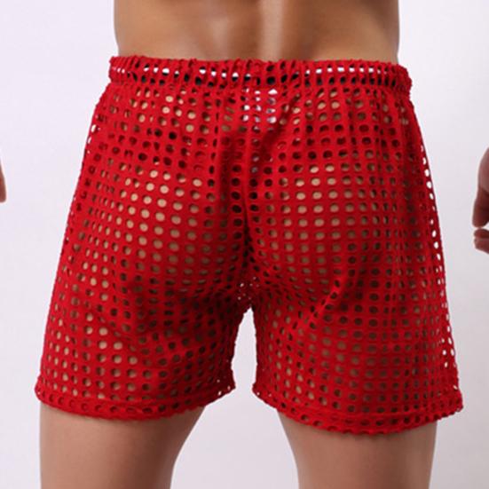 Erotic Men Solid Color Mesh See Through Hollow Out Drawstring Shorts Beach Pants