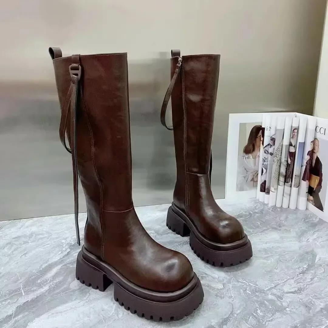 

Женские высокие сапоги на платформе, массивные высокие каблуки, кожаные туфли, женская зимняя мода 2024 года, готические мотоциклетные ботинки, зимние челси, Botas Mujer 40 коричневый