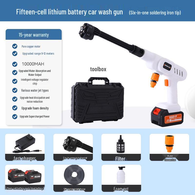 Portable Wireless Lithium Battery Car Washer: 10-Setting High-Pressure Water Gun with Six-in-One Head