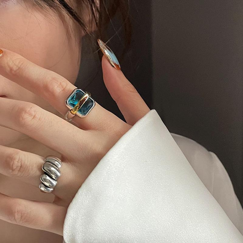 Vintage Square Blue Zircon Open Rings for Women Men New Fashion Simple Adjustable Finger Rings Party Jewelry Gifts