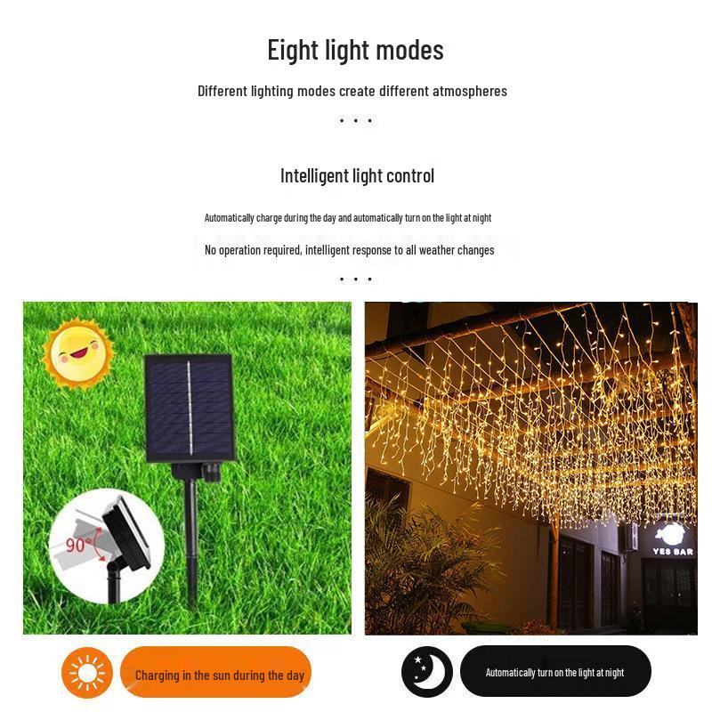 LED Solar-Powered Waterproof Outdoor Curtain Icicle Lights for Christmas and Courtyard Decoration