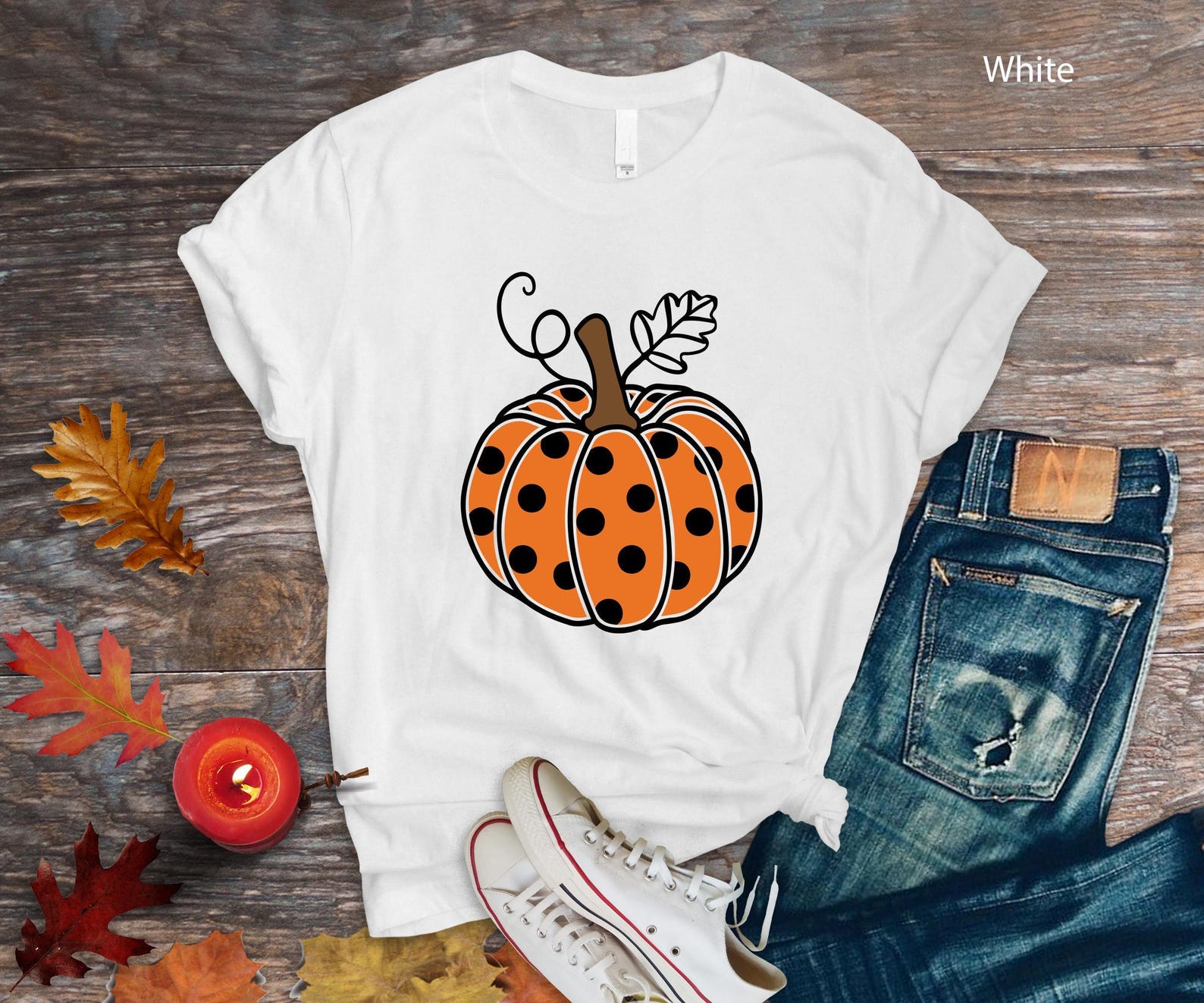 Fall Pumpkin Polka Dot T-Shirt | Autumn Thanksgiving Tee S