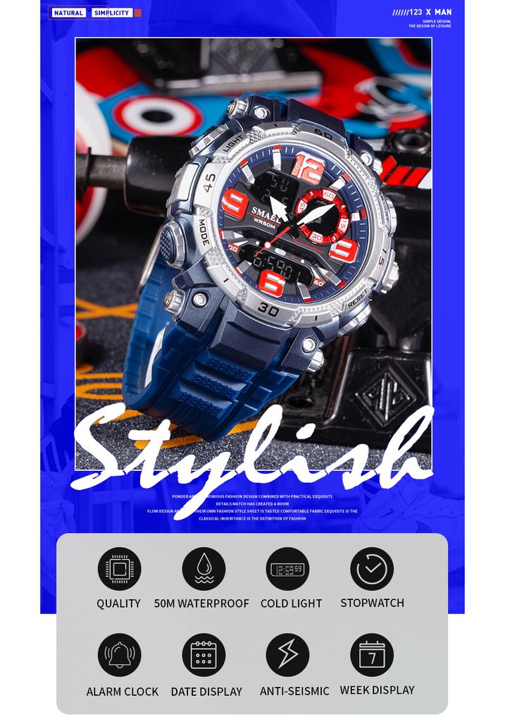 SMAEL 1921 Dual Display Military Watch for Men - 50M Waterproof LED Alarm Chronograph Stopwatch Shock Resistant Big Dial