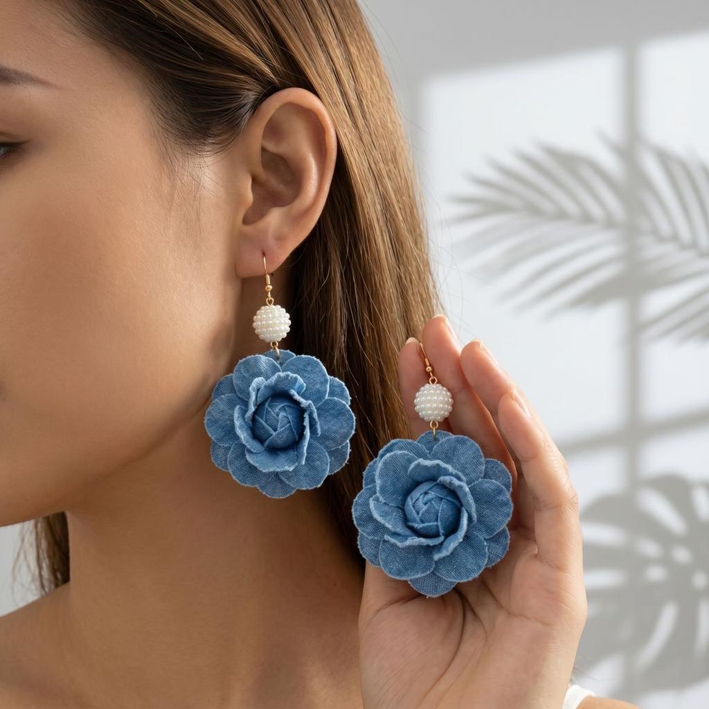 Korean sweet and cool blue denim fabric flower stud earrings women's niche design temperament versatile earrings