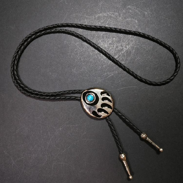 Western Shoestring Necktie Braided Belt Tie Cool Charm Engraved Stone Pendant for Women Men