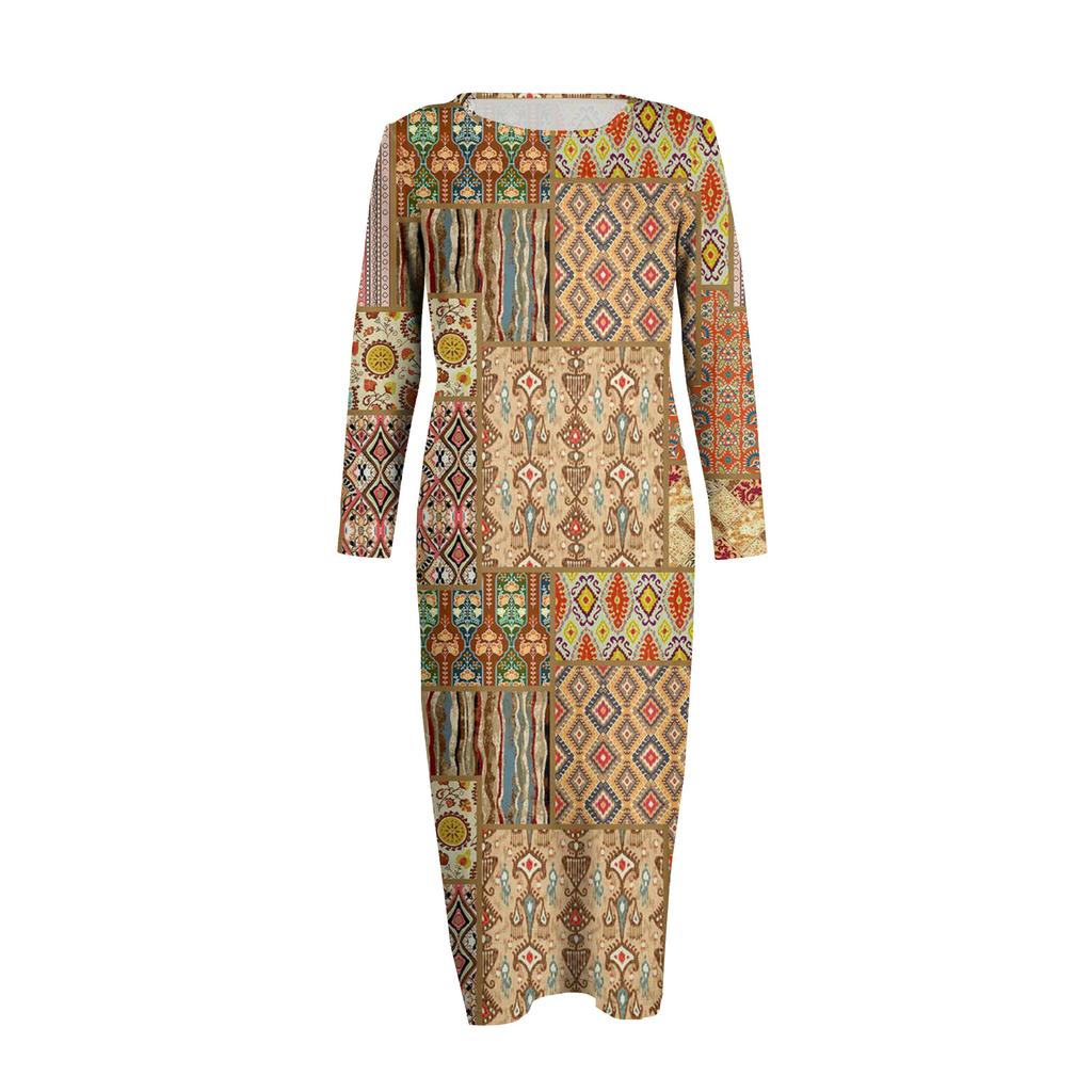 Women's Fashionable Casual Long-Sleeved Round Neck Retro Geometric Print Elegant Dress