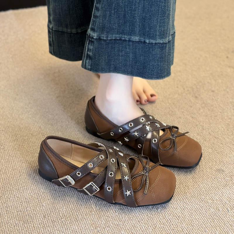 Retro Schleife Kreuzriemen Mary Jane Schuhe Damen 2025 Frühling und Sommer neue flache Niet Ballerinas