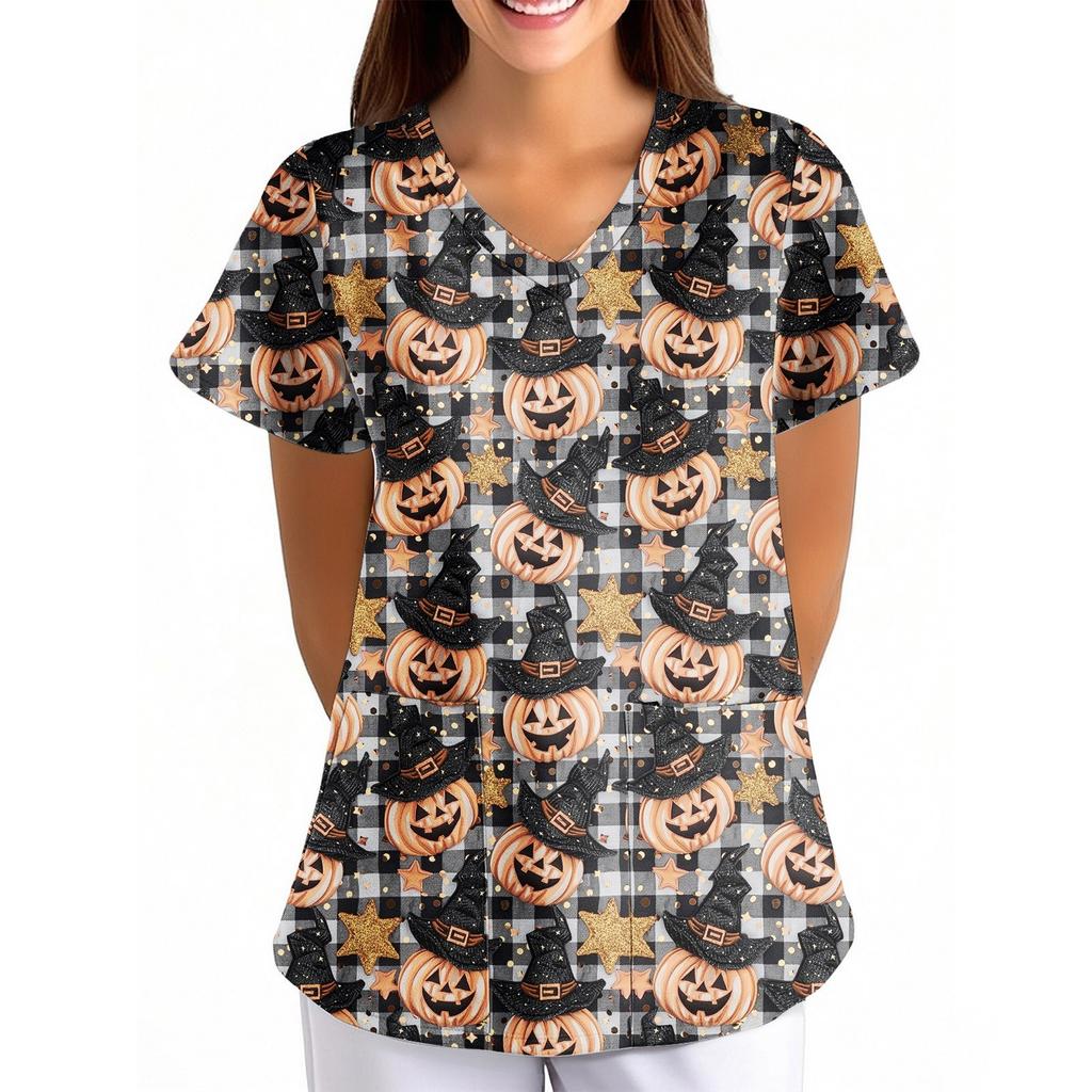Women's Halloween Printed Loose V-Neck Pocket Short SleevUniform  Uniform