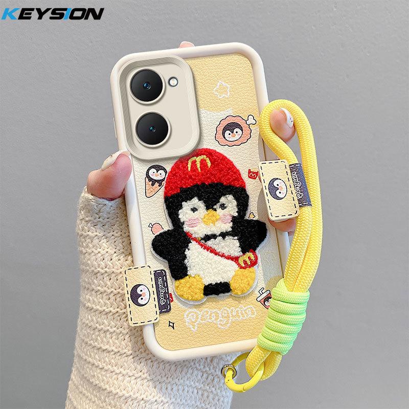 KEYSION Cartoon Cute Plush Embroidery Case for VIVO Y03 Y03t with Lanyard Silicone Shockproof Phone Cover for VIVO Y18 Y28s 5G