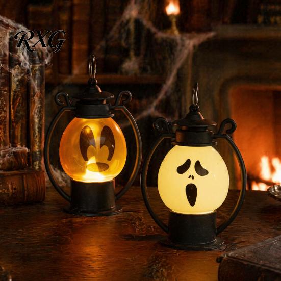 Safe Flameless Candle Halloween Ghost Face Night Light, Portable Retro LED Lamp with Hanging Indoor Outdoor Lighting Ring, Battery Operated