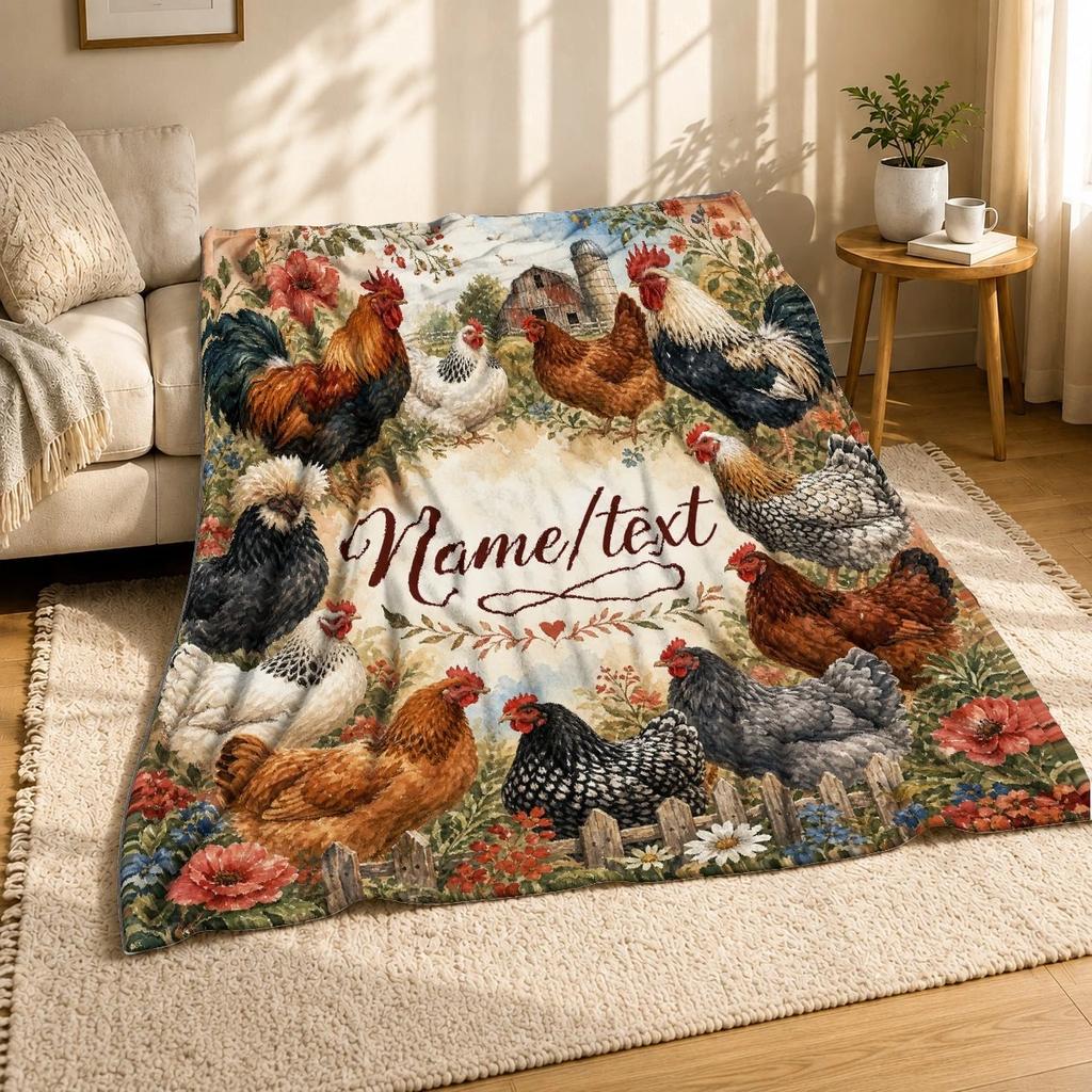 Farmyard Chickens Roosters Coral Fleece Blanket Country Decor