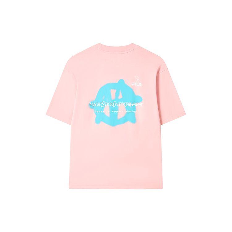 FILA X Magic Stick Collaboration American Vintage Crew Neck Letter Print Short Sleeve T-Shirt Unisex Tops Pink F11U329101F-PK