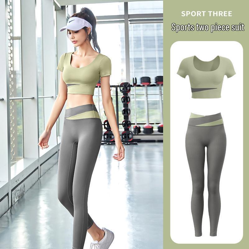 Women's Patchwork Color Block Fitness Set – Cropped Short Sleeve Top & High Waist Hip Lift Sports Pants for Spring/Summer Running & Workouts