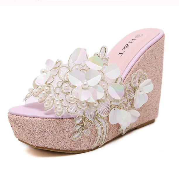 Fashion Fashion Flower Transparent High Heels Outdoor Wedge Heel Thick Bottom Sandals for Women 10.5cm