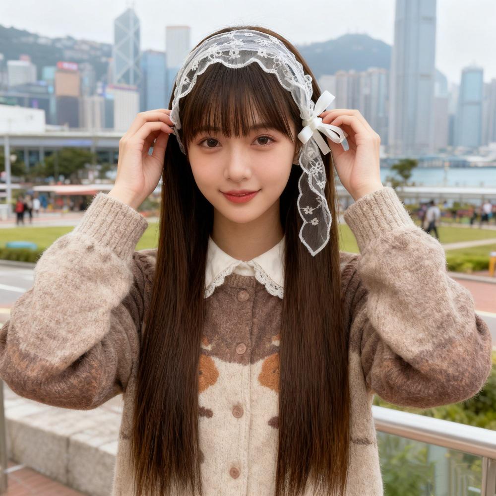 Douyin Lace Bow Headband Long Straight Wig for Girls - Black Full Cover Hairstyle
