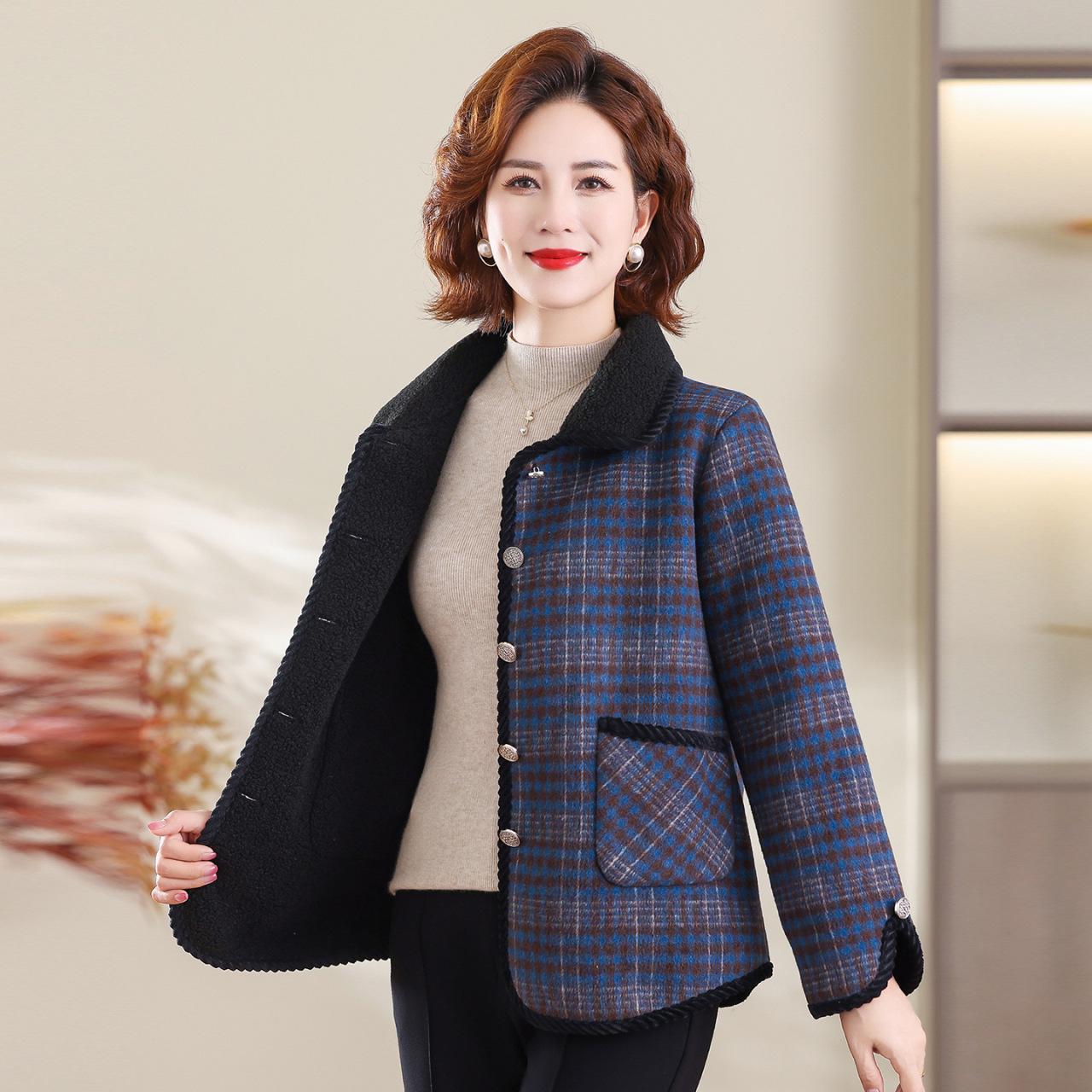 

Stylish Plaid Fleece-Lined Winter Jacket for Middle-Aged Women: Warm, Short, Woolen Cotton Outerwear XXL синій