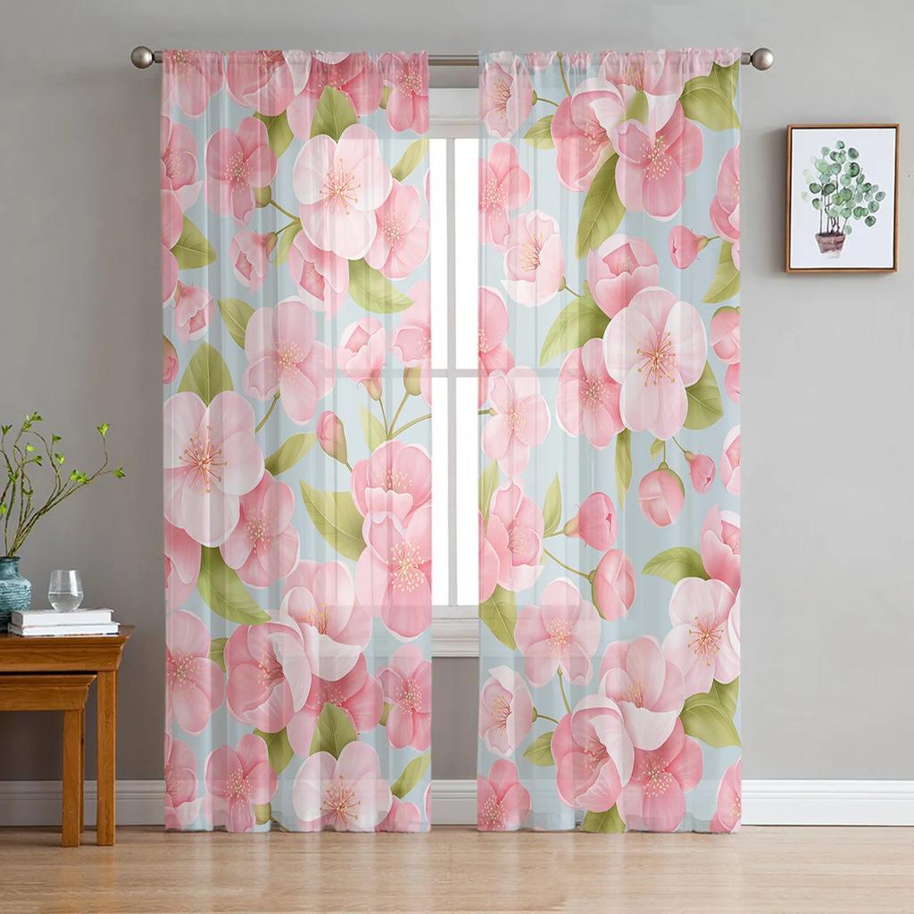 Spring Brown Background Peach Blossom Tulle Curtains Living Room Home Decor Window Curtain Kitchen Voile Sheer Made Of Polyester Sitting
