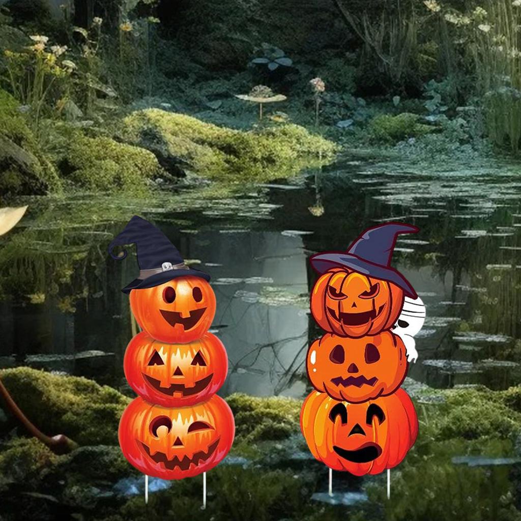 Halloween Pumpkin Stack Yard Signs with Spooky Witch Hats for Outdoor Party Decor - Set of 2 Pieces