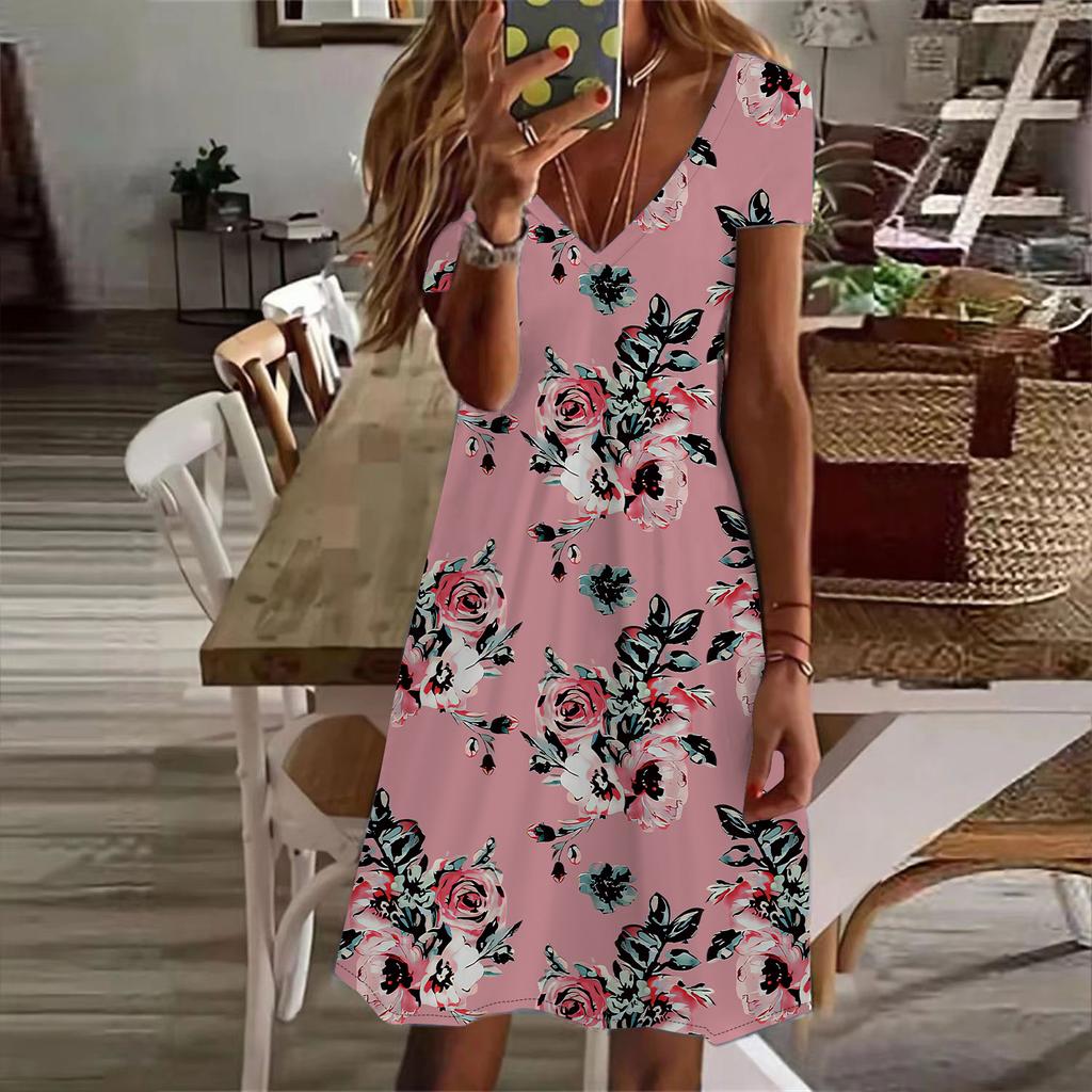 Sommermode Damen V-Ausschnitt Kurzarm Blumen bedrucktes Kleid Sex Kurzer Rock Kleider