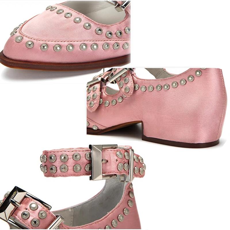 Fashion New Style Round Toe Riveted High Heels Women's Thick Heels Ankle Frenulum Microfiber/Satin Fashion Pearl  Ladies Large Size 43