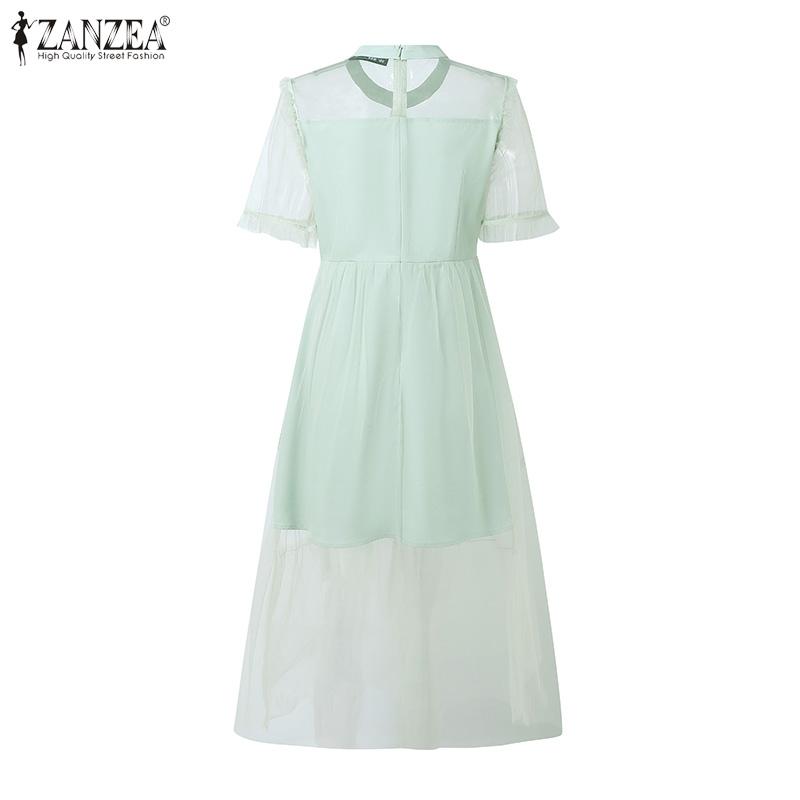 ZANZEA Abito casual da donna elegante con inserti in rete, girocollo, manica corta