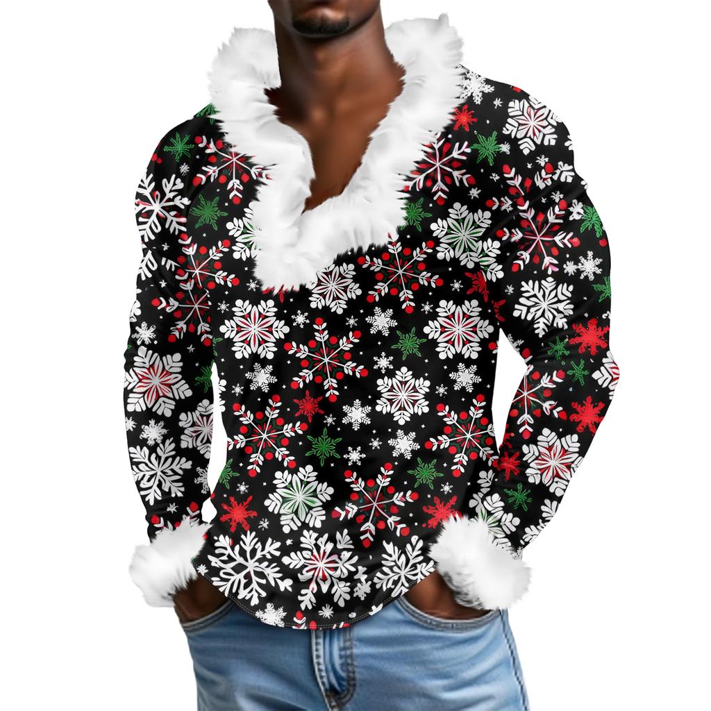 Herren Lässiges Weihnachten Bedrucktes Plüsch V-Ausschnitt und Fleece Langarm-Sweatshirt