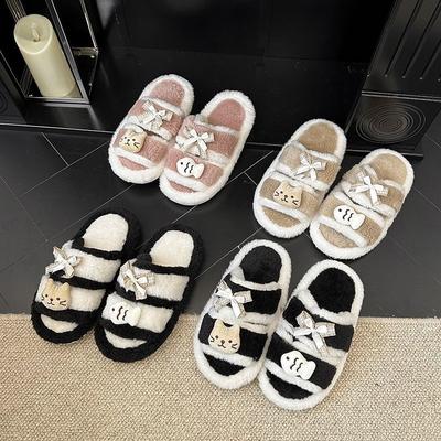 Cartoon Soft and Cute One-word Fluffy Slippers Autumn New Versatile Comfortable Bow Women's Slippers