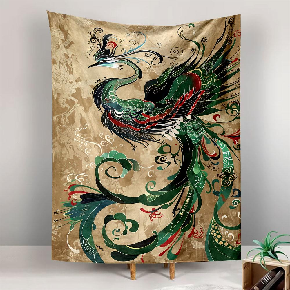 Colorful stylized phoenix with ornate feathers on a textured background. Patterned tapestry for bedroom and living room home decor