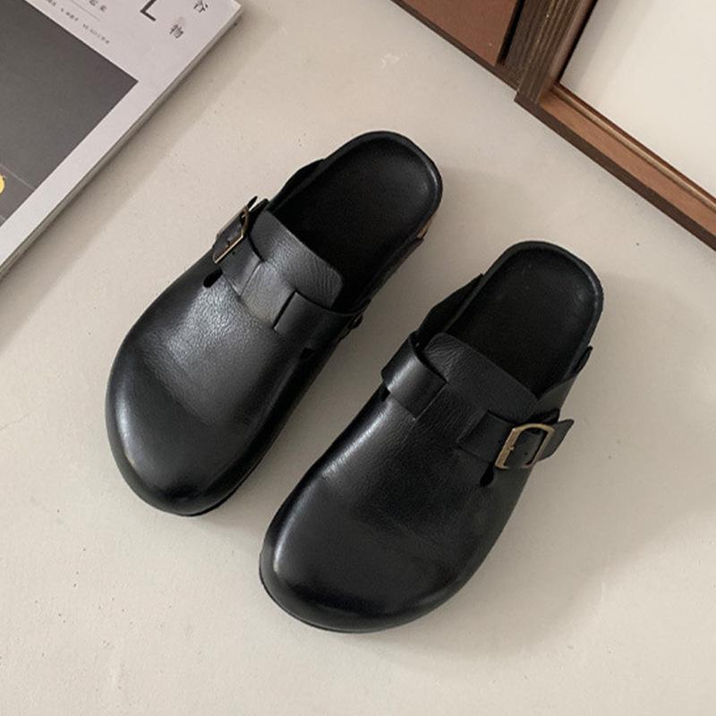 

Версия из коровьей кожи~ Кожаный чехол для обуви бокен, головные полушлепанцы, женская платформа, верхняя одежда, крутые шлепанцы, ретро полуподнос, женская обувь 40 чёрный